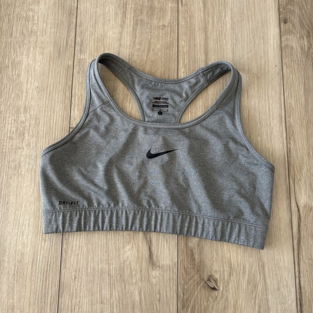 Nike Women’s L Dri-Fit Sports Bra Gray Racerback Medium Support Running Gym